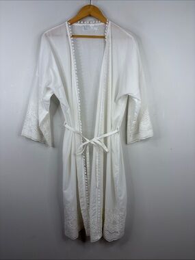 Victoriana Cotton Robe Womens Large White Embroidered Crochet Dressing Gown